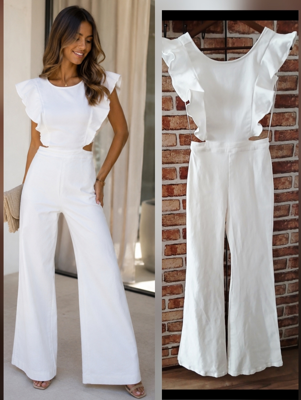 VICI White RUFFLE BIB Top Overalls Jumpsuit DENIM Wide Leg Pants Women's Size S